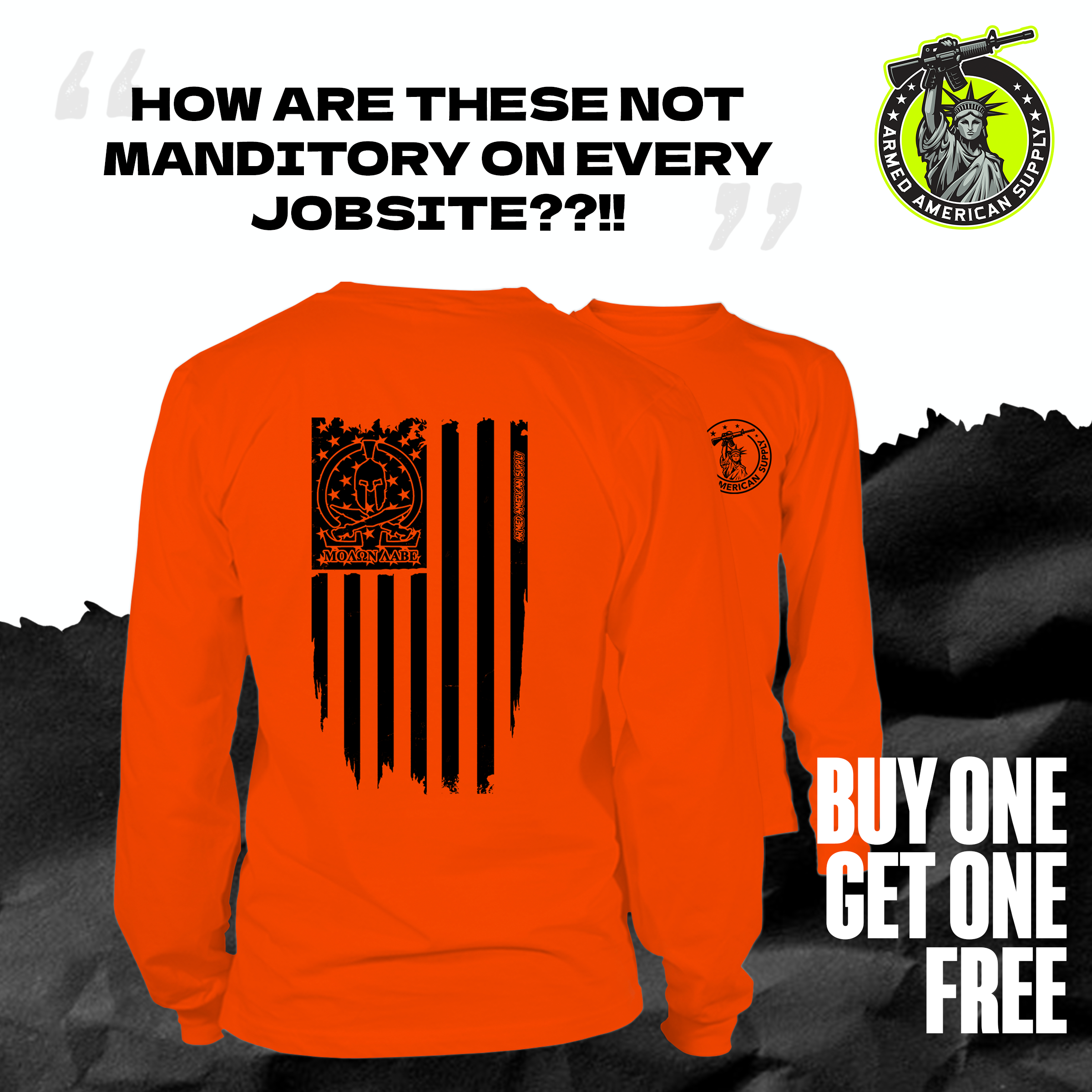 Molon Labe Ghost Flag - Long Sleeve Hi-Vis Safety Orange Shirt