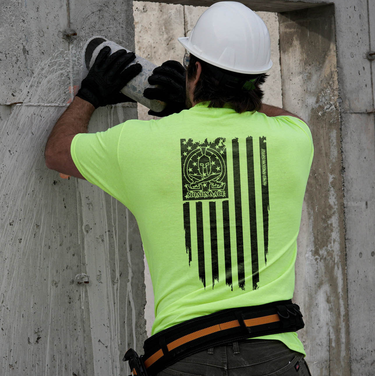 Molon Labe Ghost Flag - Safety Yellow Pocket T-Shirt